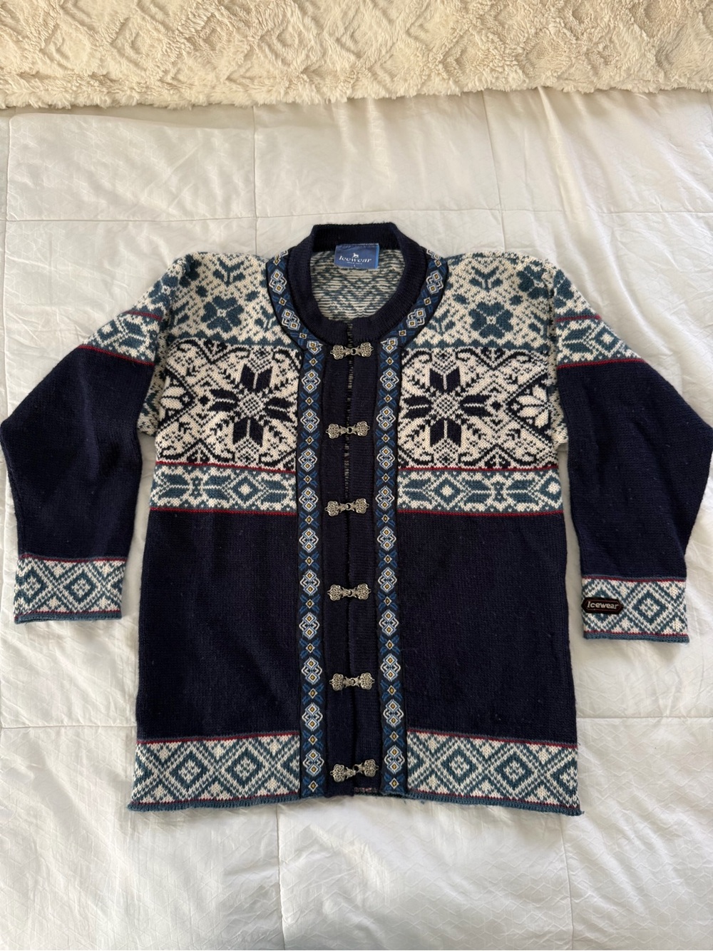 Icewear Iceland Wool Fair Isle Nordic Clasp Cardigan Sweater Womens L Blue